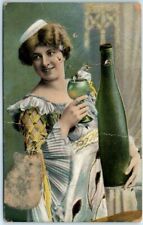 Postcard - Woman holding a glass and bottle Art Print picture