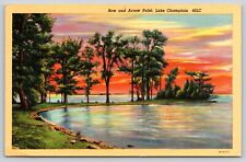 Postcard Bow and Arrow Point Lake Champlain New York Linen Scenic View Sunset picture