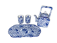 Vintage Japanese Tea Set Teapot, 2 Tea Cups & Tray Blue & White picture