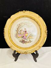 Vintage 1930s Hanging Handpainted Porcelain with Gold Wooden Frame Wall Art picture