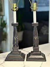 Vintage Pair Arts & Crafts Mission Style Metal Wood Table Lamps 29” picture