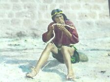 Indian Woman On Ground Making Twine Fishing Net - Magic Lantern Glass Slide 1914 picture