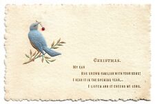 Antique Vintage c1900s Christmas Card  Embossed Bluebird w Holly Berry Bead [g5] picture