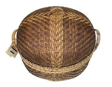 8” Small Round Rattan Split Bamboo Woven Wicker Basket Brown 2Pc Lidded, Handles picture