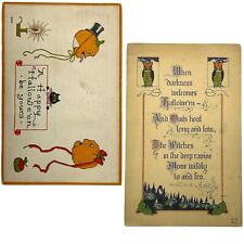 2 Antique 1910s Halloween Postcards Witch Pumpkin Jack-o-lantern Owls Black Cat picture