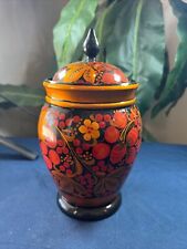 VINTAGE Khokloma 9 IN. TALL HAND PAINTED Strawberry RUSSIAN LIDDED VASE/JAR picture
