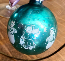 Vintage Blown Glass Christmas Ornament Teal with Hand painted  Snowmen 3.5