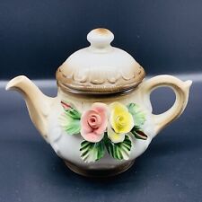 Vintage Nuova Capodimonte Italy Teapot Pink and Yellow Roses 4.5”T 8”W picture