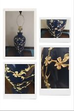Vintage MCM Mid Century Table Lamp Blue Raised Applique Cherry Blossoms Asian picture