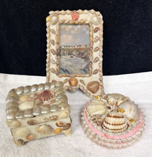 3 Vintage Seashell Art Boxes and Photo Frame Italy Japan Sea Shells Cottage Core picture