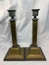 B&H BRADLEY & HUBBARD Antique Candlesticks Pair Brass Posts Cast Iron Base Tall picture