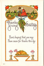 c1913 THANKSGIVING GREETINGS Pilgrims Pumpkin Field Arts & Crafts Postcard 461b picture