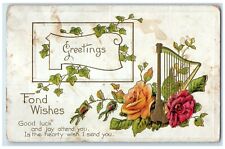 DPO 1858-1958 Basil Ohio OH Postcard Greetings Fond Wishes Flowers Harp 1911 picture