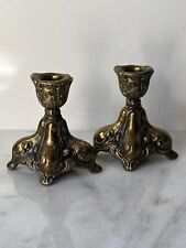Antique Vintage French Rococo Footed Brass Gilt  Candlestick Holders 3.75