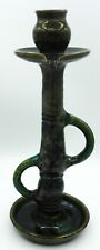 Antique Arts & Crafts Chamberstick Belgium Pottery Green Double Handled picture