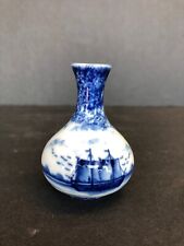 Vintage Antique Miniature Blue And White Flower Vase With Sailing Ship picture