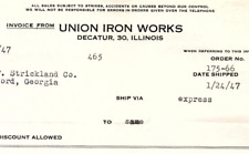 1947 UNION IRON WORKS DECATUR ILLINOIS R.F. STRICKLAND INVOICE BILLHEAD Z820 picture