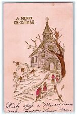 1909 Merry Christmas People Going To Church Embossed Walcott Iowa IA Postcard picture