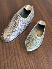 2 Vintage Brass Engraved And Beautifully Enameled Slippers Shoes Ashtrays India picture