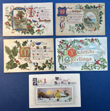 5 Beautiful Lettering New Year Antique Postcards, EMB, Gold Trim. Scenes picture