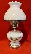 Vintage 1970s Milk Glass Hurricane Parlor Table Lamp Floral Beaded Shade 16” picture