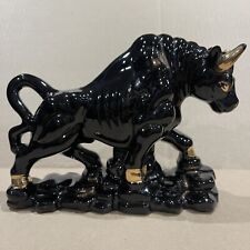 Vtg MCM Japanese Bull Red Clay Pottery Hand Painted Black With Gold Tone Accents picture