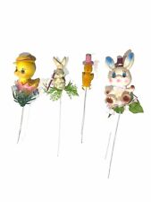 Vintage Flocked Easter Picks Lot Of 4 Rabbits Birds They All Show Wear And Tear picture