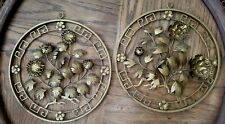 Pair Mid-century vtg Brass Wall Hanging Medallions Greek Key Boarder Floral picture