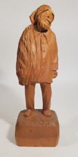 Vintage Hand Carved Signed Wood Figurine Elderly Man Sack & Beard Signed on Base picture