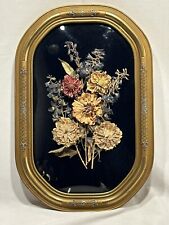 Antique Oval Convex Gold Tone Bubble Glass Picture Frame Dried Flowers Signed picture