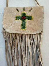 Vintage Native American Leather Beaded Cross Tobacco Pouch Purse Fringe Tribal picture