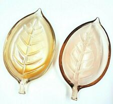 Pair of Iridescent Art Glass Leaf Dishes 6 Inches X 3 1/2 Inches picture
