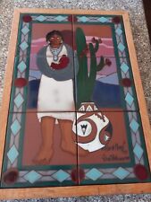 Heavy Vtg 80s Glazed Multi  Tile Framed Signed Navajo Cactus Woman Painting picture