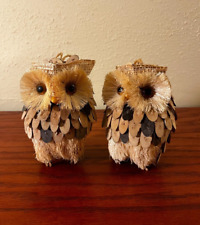Vintage Set of 2 Natural Wooden Straw Hand Crafted Owl Ornaments Farmhouse Decor picture
