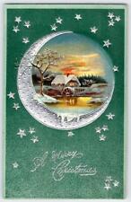 1908 MERRY CHRISTMAS EMBOSSED SILVER METALLIC CRESCENT MOON STARS POSTCARD picture