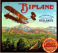 BiPlane Airplane Orange Redlands San Bernardino Citrus Fruit Crate Label Print picture
