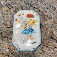 Vtg Penguin Toffee Candy Container Tin Girl With Flowers And Has Label 6x4 Ins picture