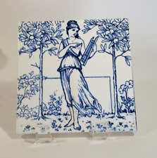 Antique Josiah Wedgwood & Sons Blue White Tile Maiden in Orange Grove picture