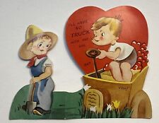 Vintage Valentines Day Die Cut Card Folding Stand-Up Card Boy Girl Truck Hearts picture
