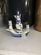Vintage Russian Blue White Porcelain Man Boat Rabbits 4” Tall picture