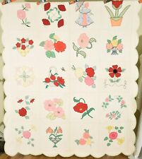 MAGNIFICENT 30's Floral Album Applique Antique Quilt, Hand Embroidered Accents picture