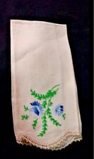 Vtg Arts and Crafts Rectangular Linen Towel Embroidered Floral w Crochet Ends picture