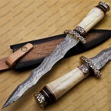 High-End Handmade Damascus Steel Mosaic Bowie Knife Hunting Knife Leather Sheath picture