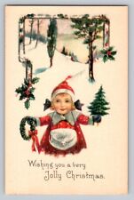 c1910 Child Wreath Tree Snow Woods Scene Christmas P146A picture