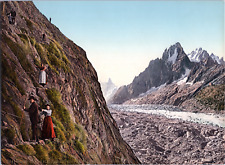 France, Chamonix Valley. The Bad Step and the Sea of Ice.  vintage print  picture