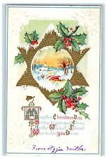 1914 Merry Christmas Greetings Snow Winter Church Holly Embossed Postcard picture