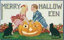 A Merry Halloween Postcard~Antique~B. Wall~Boy and Girl On JOL~Black Cats~c1908 picture