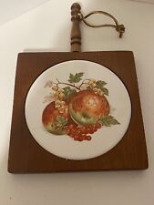 VNTG.  MCM WOODEN HANDLED SQUARE W/CIRCLE CERAMIC HOT PLATE. HARVEST APPLES picture