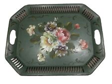 Vtg MCM Plymouth Tole Ware Tin Tray green Handcrafted W Painted Flowers/Handles picture