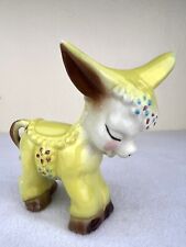 Vintage Mid Century Yellow Ceramic Young Donkey Figurine Flowers & Saddle 5.25” picture